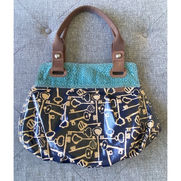 Fossil Key-Per Blue Coated Canvas MONOGRAM LOGO Hand Bag TOTE Shoulder Purse - Picture 1 of 9
